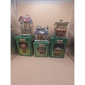 3 Vtg Christmas Avenue Ceramic House Candle Holders 4"- 5" In Original Box D026